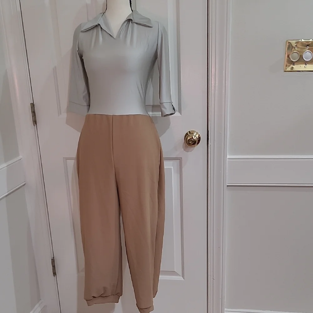 Awish Come True Two-Tone Women’s Jumpsuit in Light Gray and Tan - Picture 1 of 11